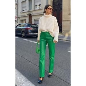 Zara Women’s S Green Faux Vegan Leather High Rise Straight‎ Pants